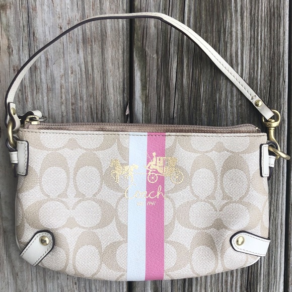Coach Handbags - Coach Horse & Carriage Striped Logo Wristlet Bag